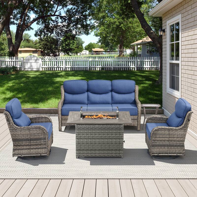 Meyreso 7-Piece Wicker Outdoor Patio Fire Pit Conversation Set with 6-Inch Thick Cushions - 5-Piece - Gray/Navy Blue