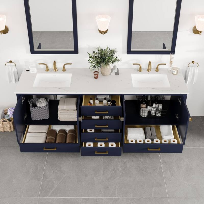 Aberdeen 84"W Blue DS Bath Vanity with Carrara Quartz Top