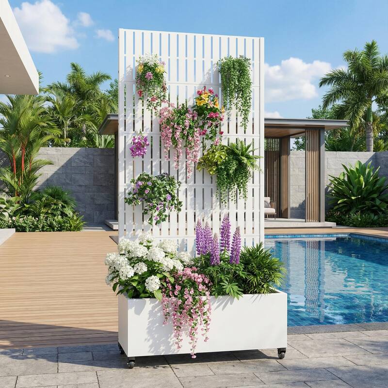 Raised Garden Bed Planter with Trellis Movable Planter Box with Lockable Wheels - 72*35 - White