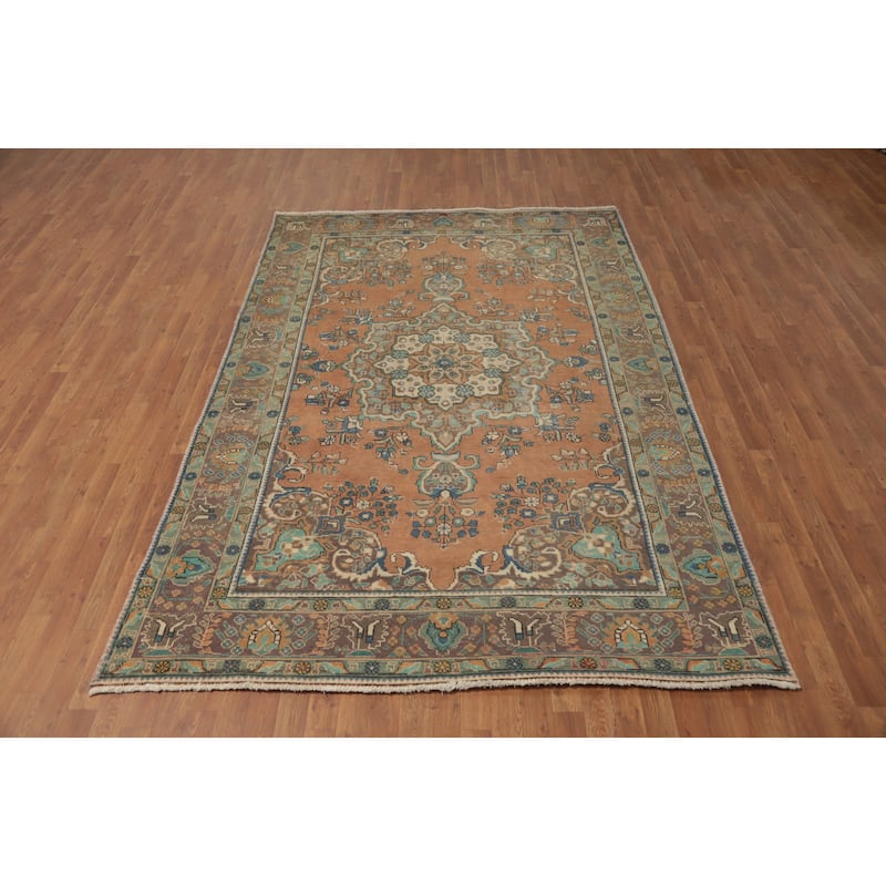 Hand Knotted Oriental 100% Wool Carpet Traditional Floral Oranges & Rust Tabriz Area Rug - 9' 5'' X 6' 5''