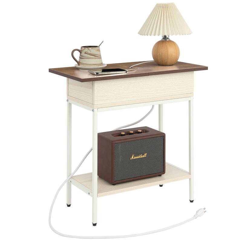 Flip Top Narrow End Table with Storage and Built-In Outlets, Small Side Table