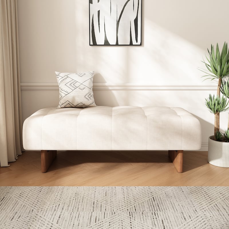 Rectangular Upholstered Tufted Linen Fabric Ottoman Bench, Solid Wood Legs, Beige