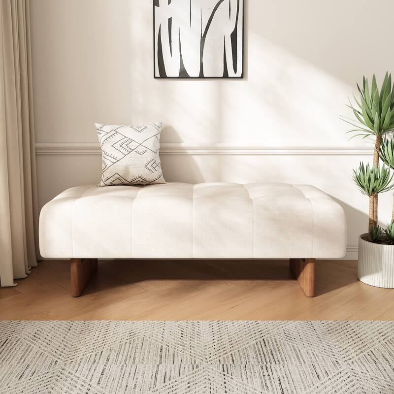 Tufted Linen Rectangular Ottoman Bench with Solid Wood Legs - Beige Elegant Seat