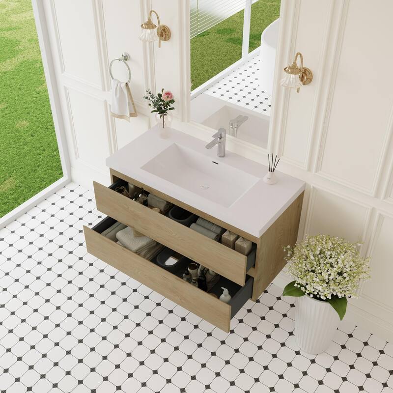 Modern Wall-Mounted Bathroom Vanity with White Solid Surface Top