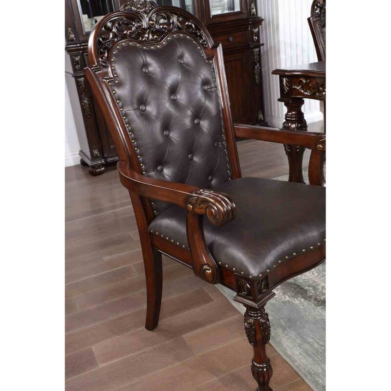Traditional Brown Finish Arm Chairs Set Tufted