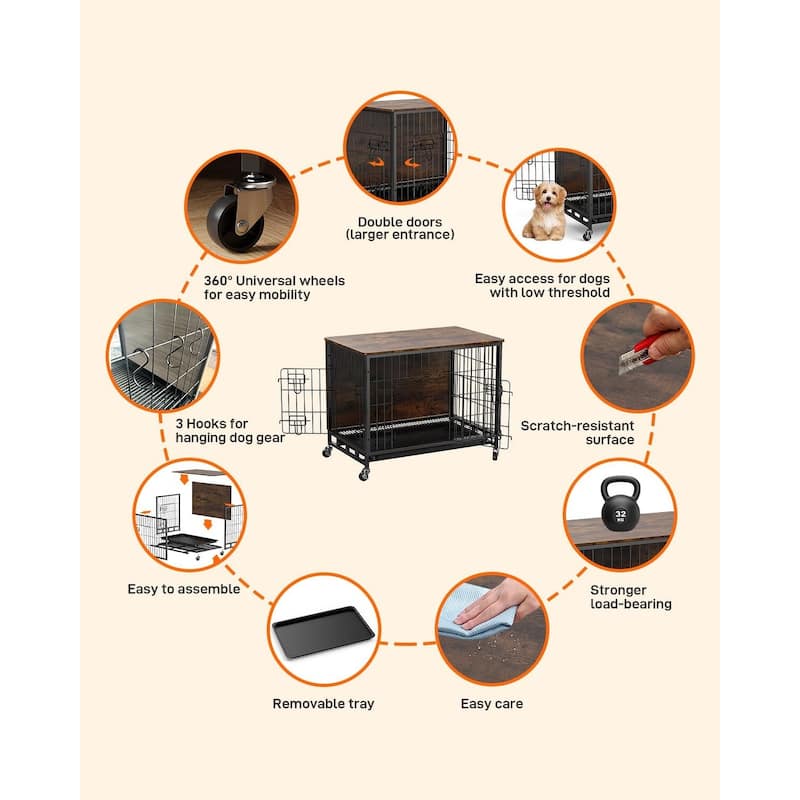 Dog Crate Furniture, Removable Tray and Wheels