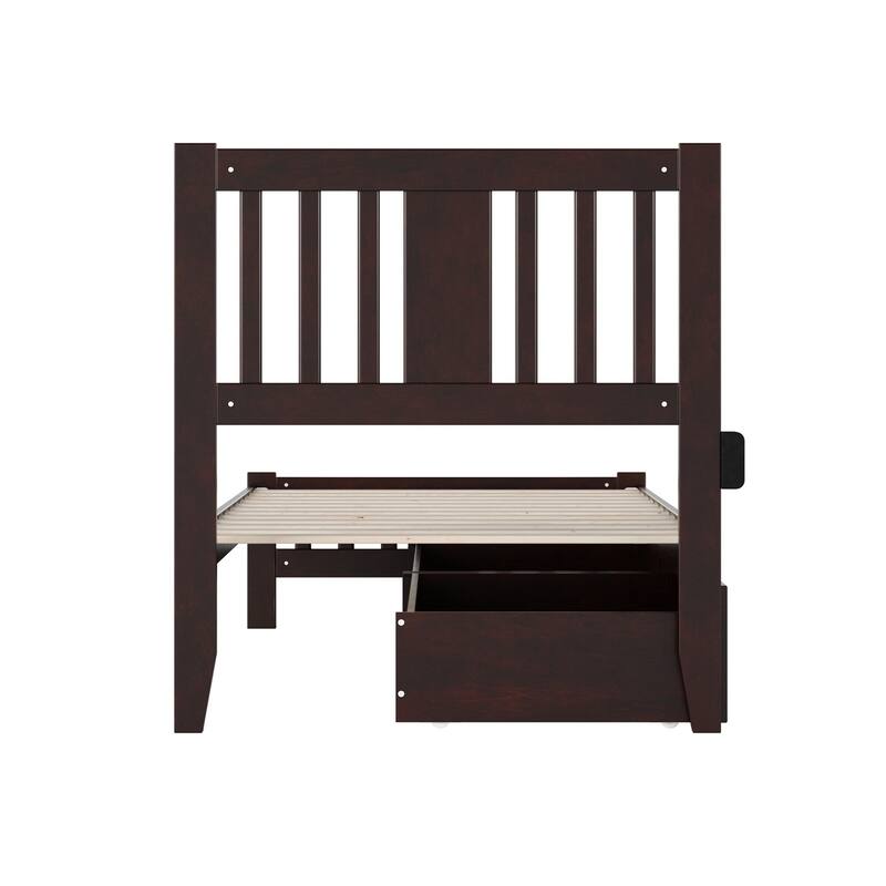Twin Bed in Espresso with Footboard and 2 Storage Drawers, Mission Slats, and Turbo Charging Station