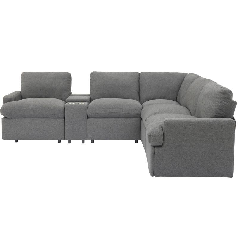 104" Linen Recliner Sectional Sofa (4-Seater) with Storage, USB & Cup Holders