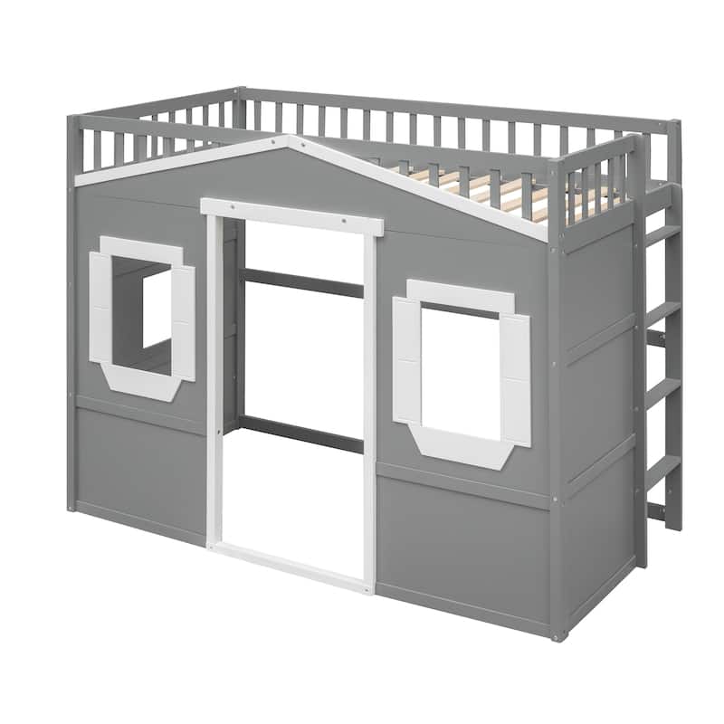 Gray/White Castle Style Solid Pine Wood Loft Bed with Ladder and Guard Rails