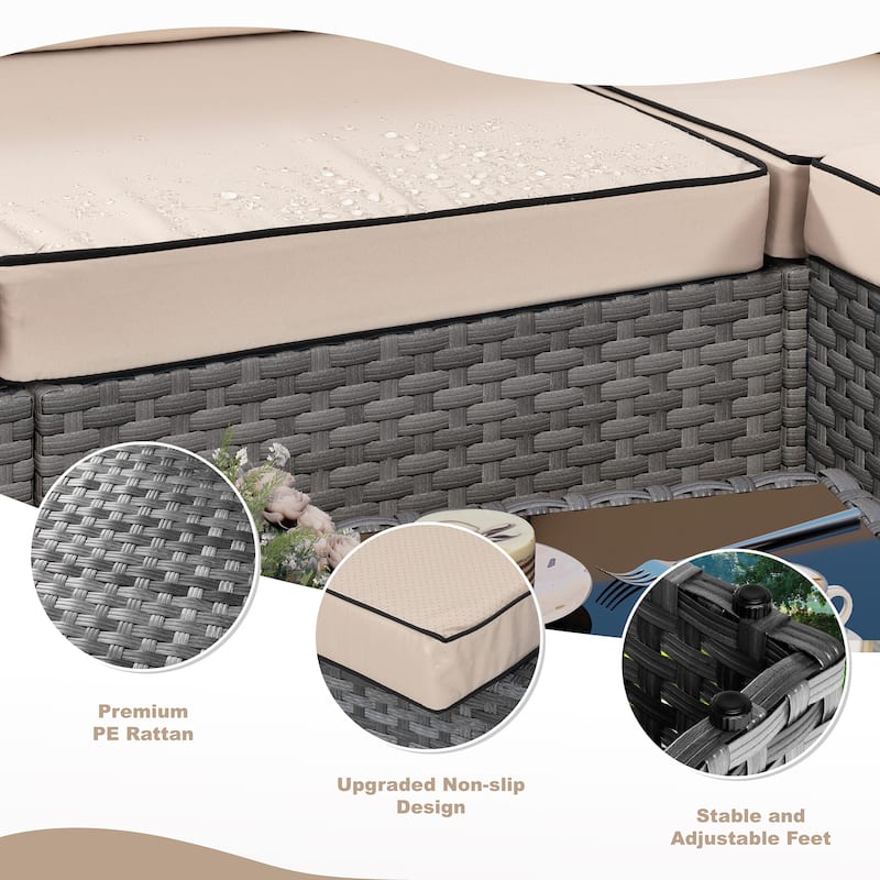 8-Piece Outdoor Patio Wicker Conversation Set with Fire Pit Table, Sectional Sofa & Cushions - N/A