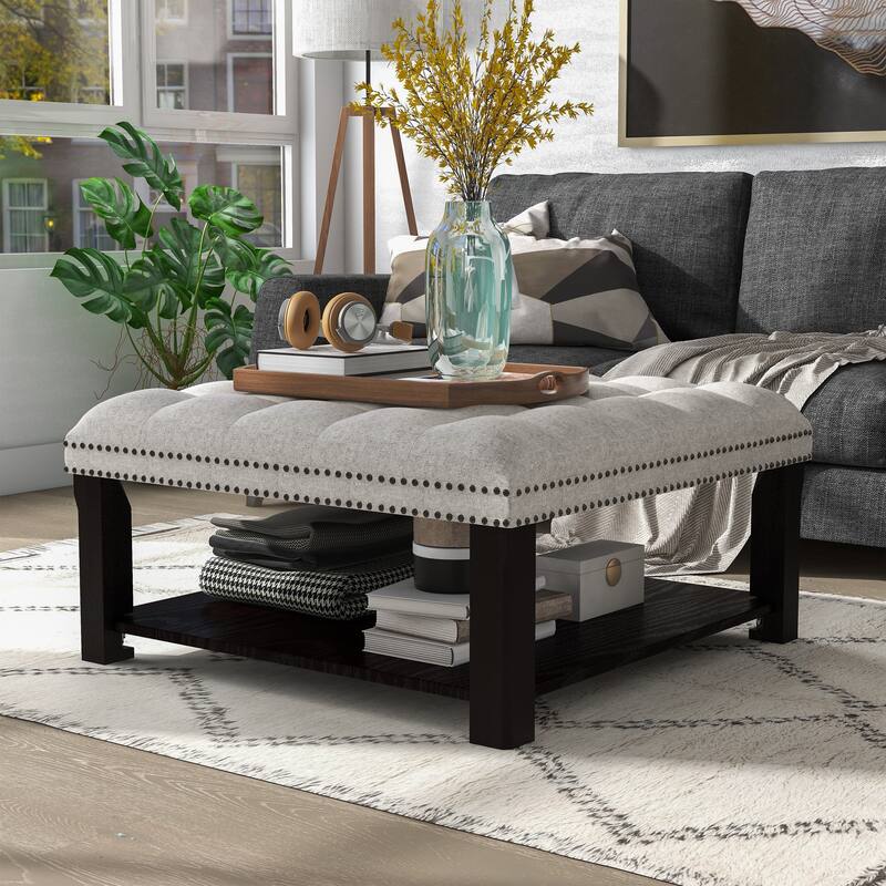 Transitional Linen Tufted Nailheads Cocktail Ottoman with Storage by Furniture of America