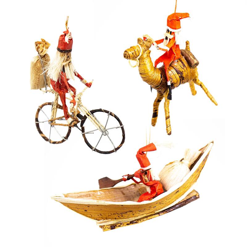 Santa on His Way! Handcrafted Banana Fiber Ornaments, Set of 3 - N/A