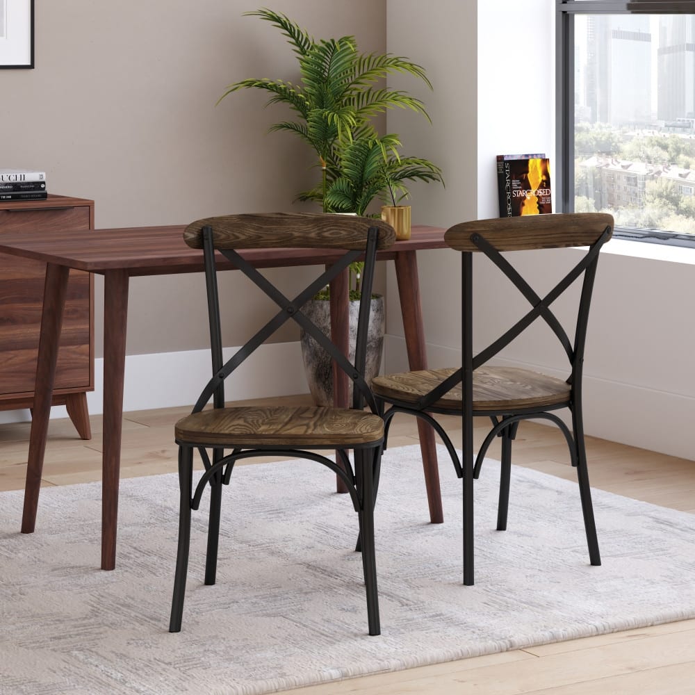 Cross Back Metal Dining Chair with Wooden Seat