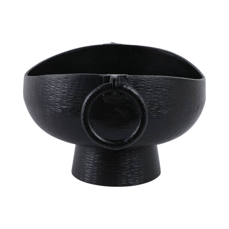 Sculptural Round Textured Decorative Bowl with Ring Handles - 9" Black - 16.0"