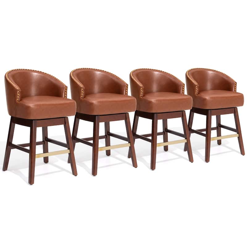 Bar Stools PU Leather / Linen Fabric Upholstered Wood Swivel Barstool Set of 2 or 4 - Set of 4 - Brown-26.4 inches seat height