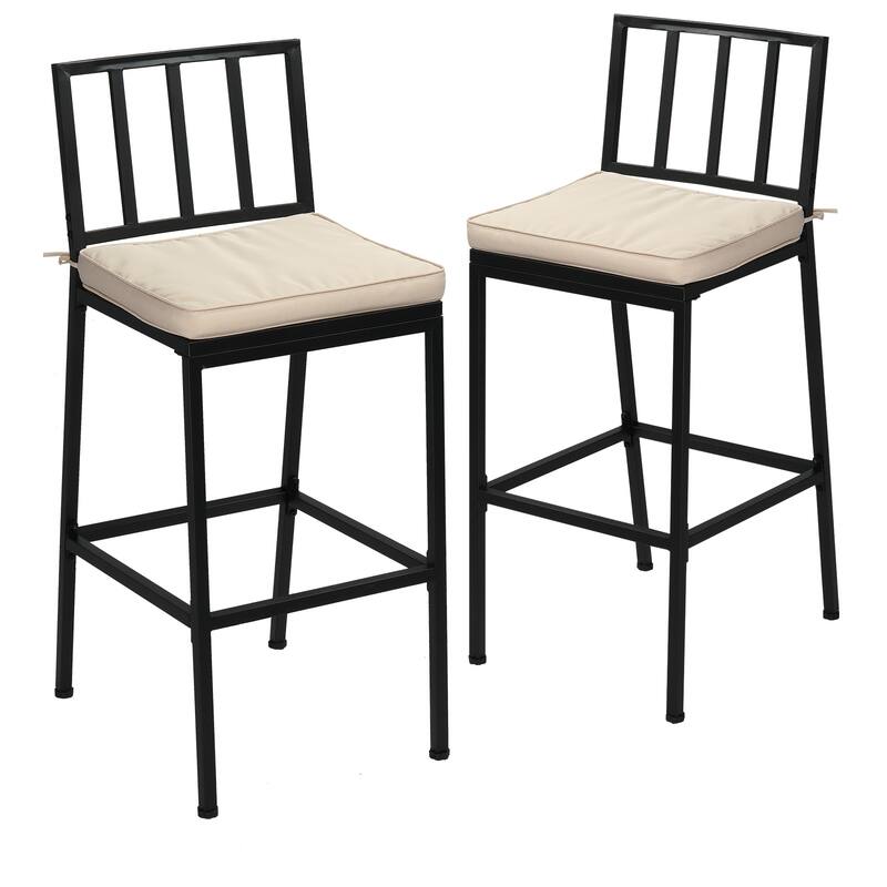 2 Pieces Patio Bar Chairs with Cushions, Indoor Outdoor Bar Stools - 16" x 40.5" x 19.5" - Black-Beige