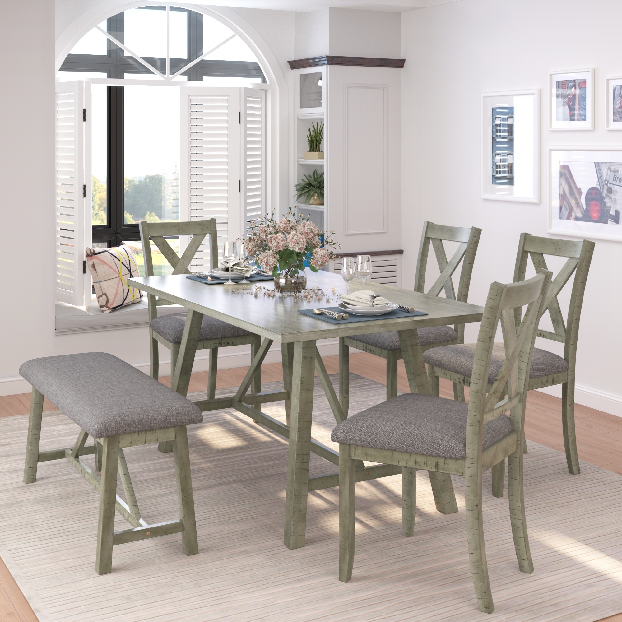 6 Piece Rustic Triangular Support Dining Table Set Wood