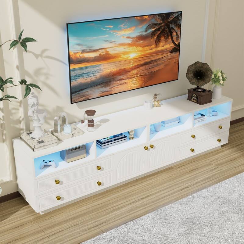 Gymojoy 86.6" LED TV Stand for 85-100 Inch TV, Modern Fluted Entertainment Center, 8 Drawers & Cabinet, Smart TV Console.