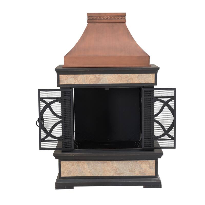 Sunjoy Smith Collection Outdoor Patio Wood Burning Steel Fireplace with Chimney, Spark Screen, Fire Poker, and Removable Grate
