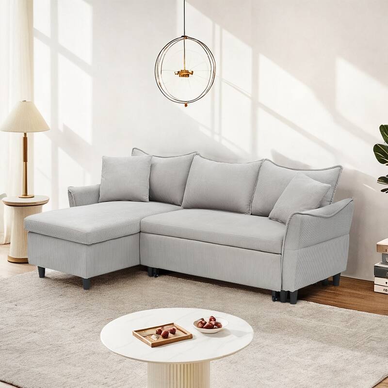 80-inch Gray Corduroy L-Shape Convertible Sofa Bed, Storage, 2 Pillows