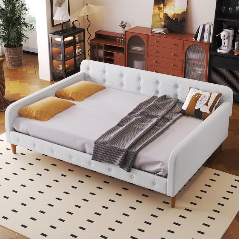 Bedroom Full Size Bed Frame, Upholstered Linen Daybed with Button Design Backrest Headboard and Pine Wood Slat Support