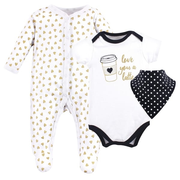 slide 1 of 1, Hudson Baby Infant Girl Cotton Sleep and Play, Bodysuit and Bandana Bib Set, Latte 0-3 Months - Latte