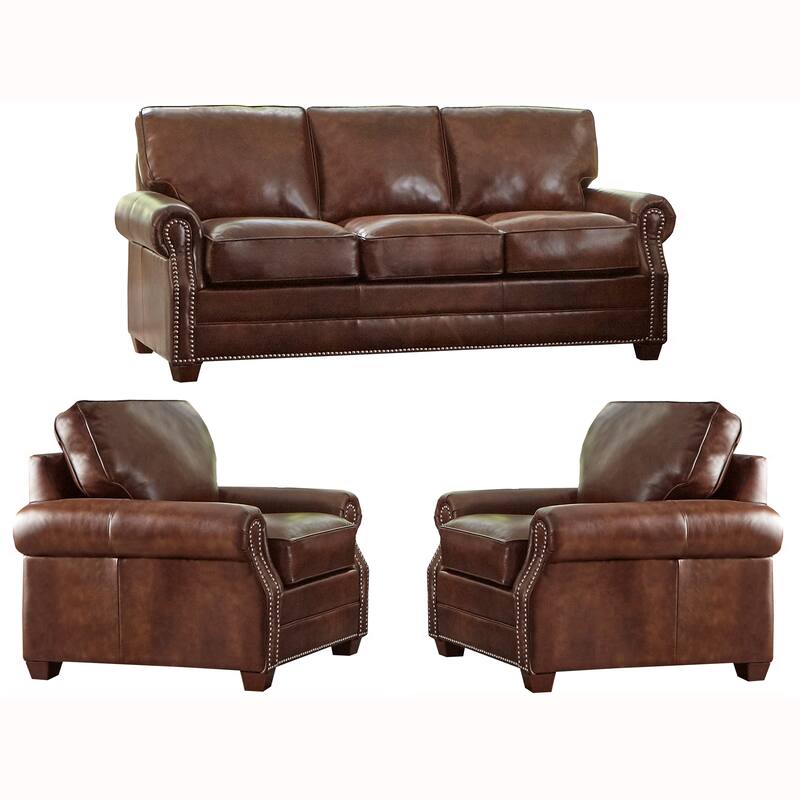 Made in USA Revo Top Grain Leather Sofa Bed and Two Chairs Set - Chestnut Brown