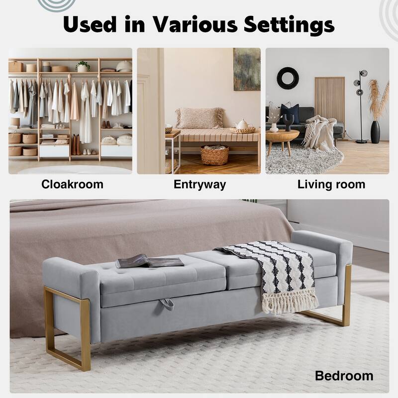 66" Storage Bench King Size End of Bed with Double Lids and Gold Legs