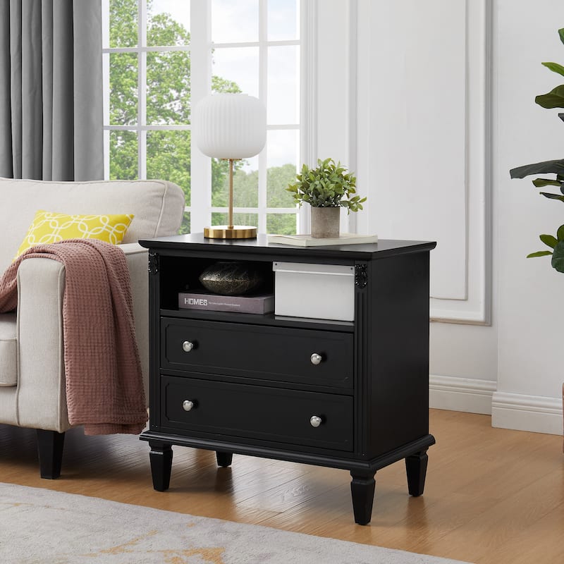 Farmhouse Nightstand with 2 Drawers and Charging Station, Solid Wood Legs, USB Ports & Open Shelf, Fluted Design End Table - Black