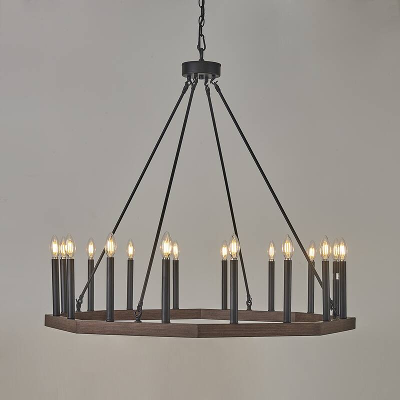 16 Light Wagon Wheel candle Chandelier in Black and Brown finish - 36.75"H x 40"W x 40"D