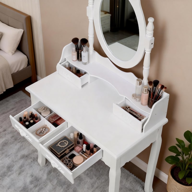 White Princess Vanity Set with Mirror & Cushioned Stool, 4-Drawer Makeup Dressing Table