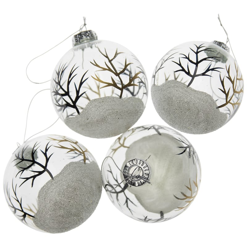 4ct Clear Frosted Winter Tree Glass Christmas Ball Ornaments 3.25"