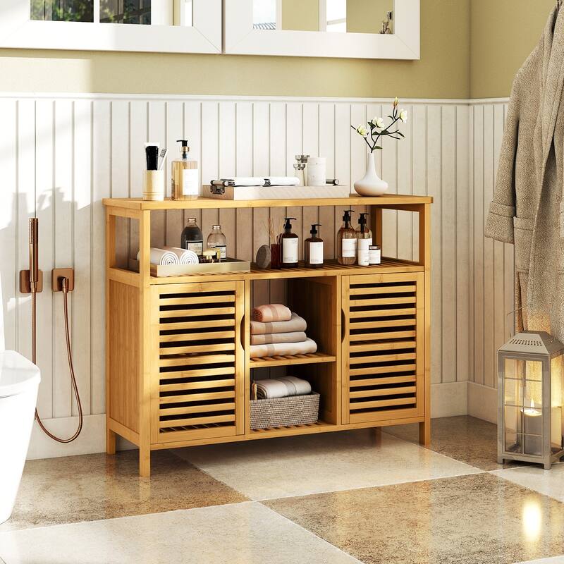 Gymax Bamboo Bathroom Cabinet 2-Door Storage Organizer w/ Shelves for
