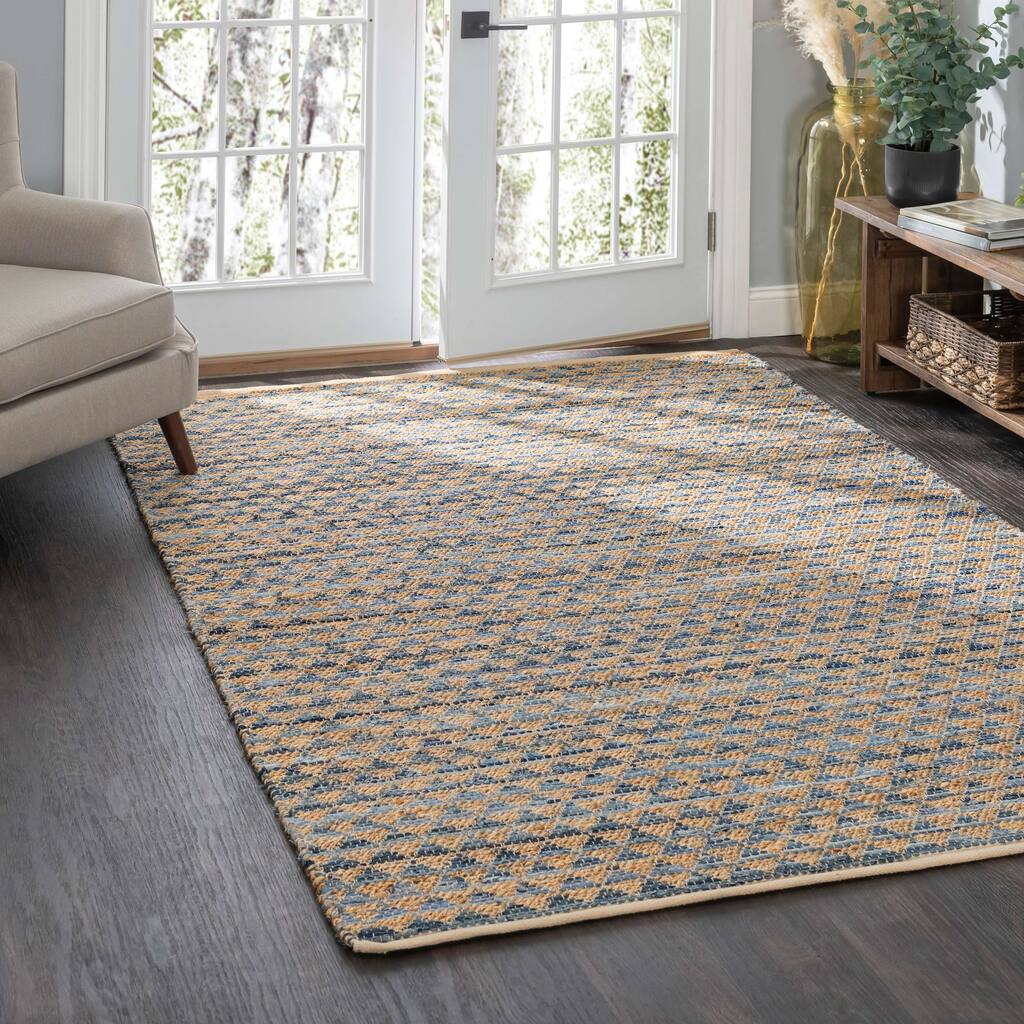 Geometric Rag Denim Handwoven Jute Rug