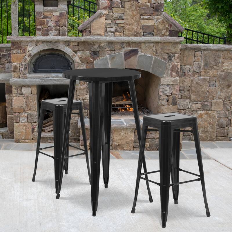 24'' Round Metal Indoor-Outdoor Bar Table Set with 2 Square Seat Backless Stools