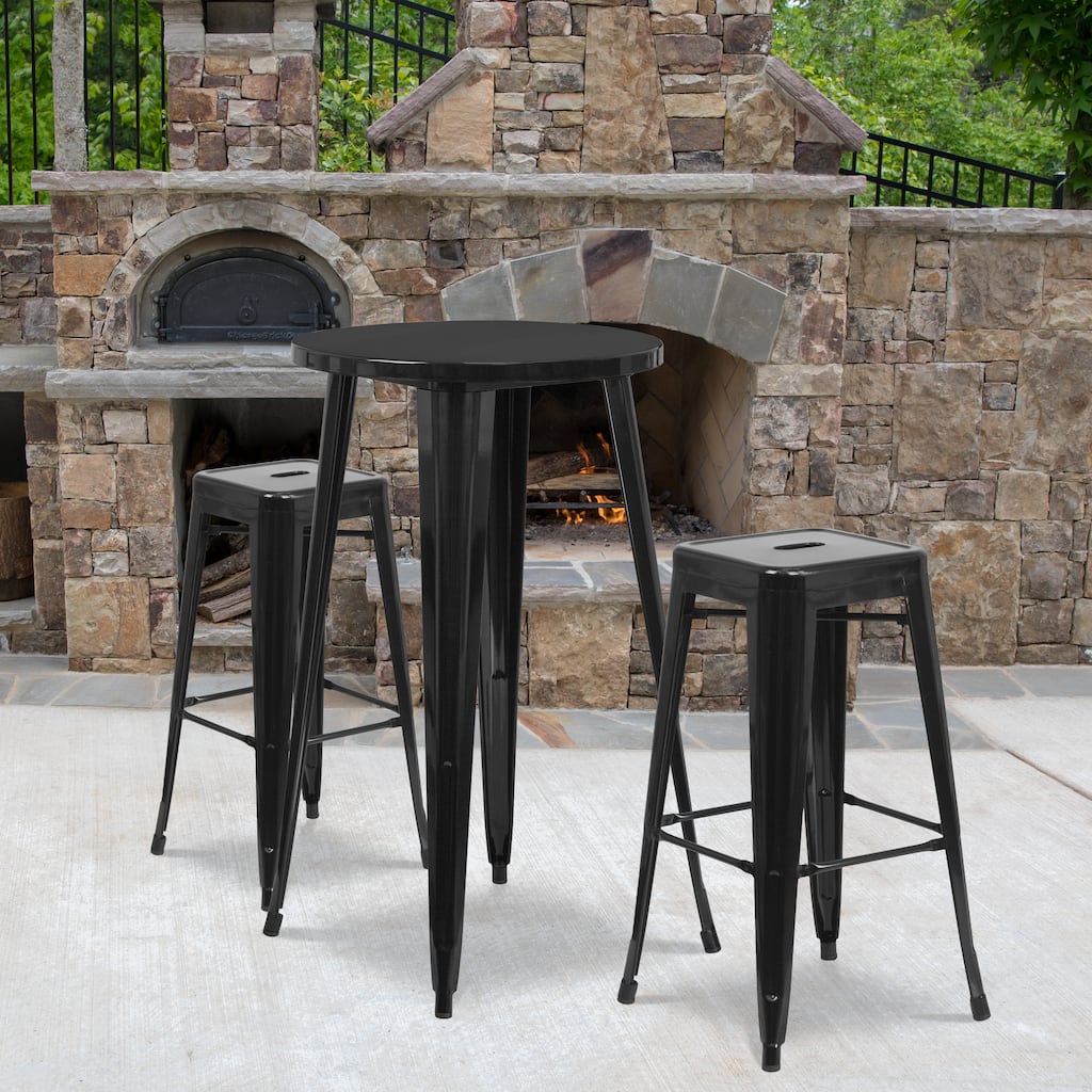 24'' Round Metal Indoor-Outdoor Bar Table Set with 2 Square Seat Backless Stools