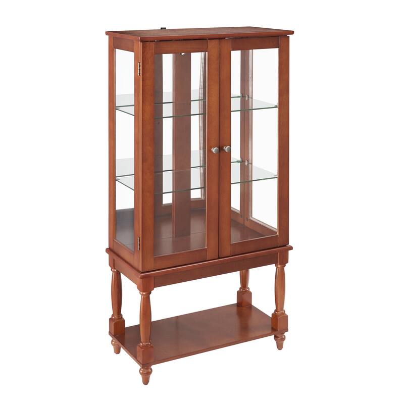 Modern Corner Curio Display Cabinet with Open Storage, Adjustable Shelves, Mirrored Back Panel, E26 Bulb Not Included