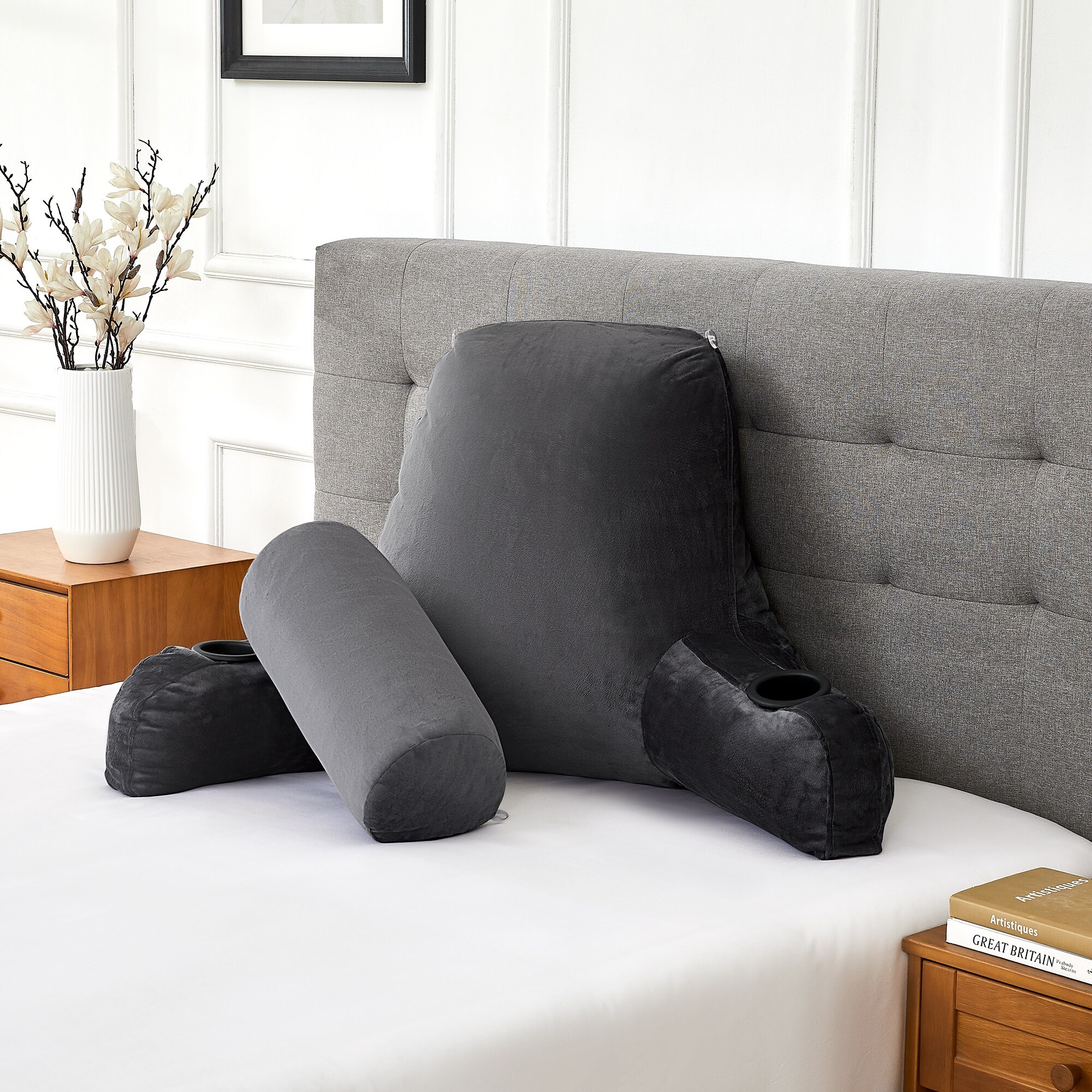 Bed rest pillow with arms and cup holder deals