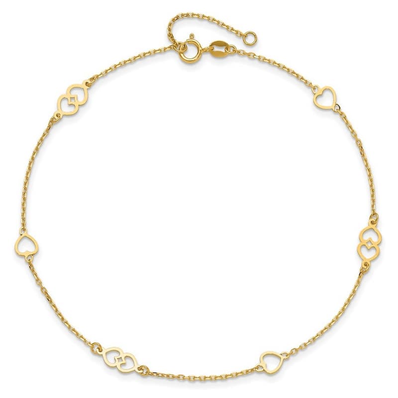 Curata 14k Yellow Gold 9+1" Polished Love Hearts Station Anklets (Spring-ring)