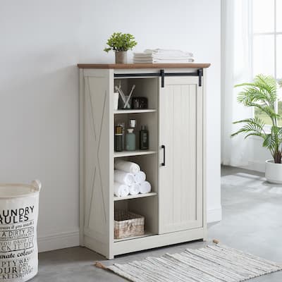 Roomfitters 5-Drawer Dresser with Sliding Barn Door, Farmhouse Modern Tall Chest of Drawers, Storage Organizer for Bedroom