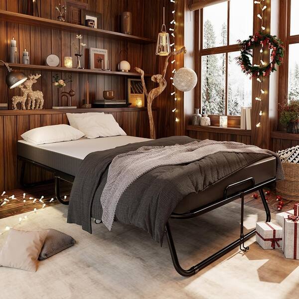 Roll away Space-Saving Sturdy Metal Frame Folding Guest Bed with 5" Thick Mattress