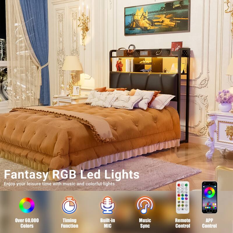 Upholstered Headboard with Pegboard and Charging Station, Storage Headboard Shelves and LED Light