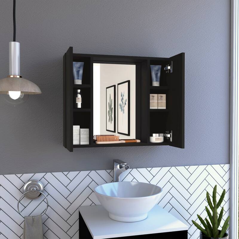 2-Door Medicine Cabinet with Mirror, Bathroom Wall Cabinet with Open Shelf
