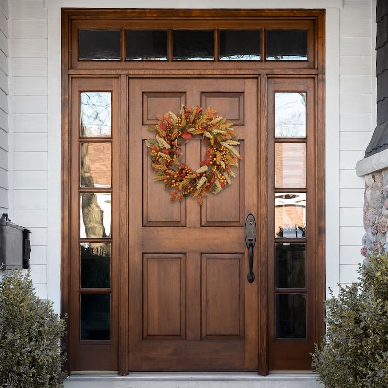 Autumn Leaves Grass Blades and Berries Artificial Fall Harvest Wreath - 24"