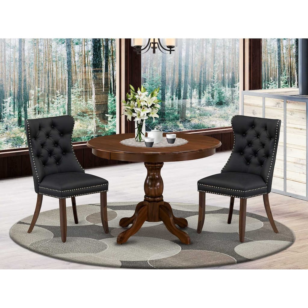 3-Piece Antique Walnut Finish Solid Wood Top-Round Upholstered Dining Room Set-Seats 4