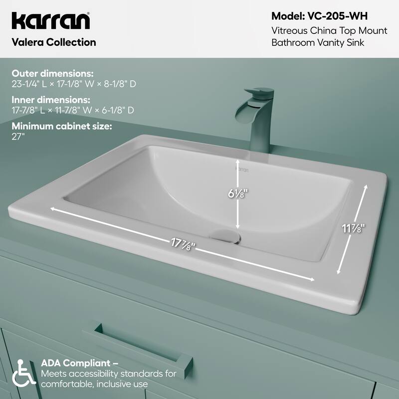 Karran Valera 23" Rectangular Top Mount Vitreous China Bathroom Sink in White