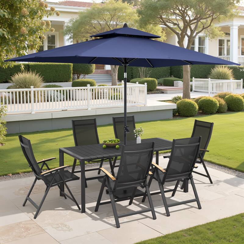 9/11-Piece Outdoor Patio Dining Set Aluminum Dining Table and Chairs w/10 ft Market Umbrella and Base with Wheels - Set of 9 - Black Table with Navy Blue Umbrella