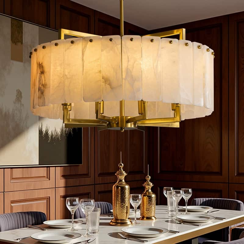 Modern 8-Light Round Gold Brass Chandelier with Marble Alabaster 23.6-Inch Drum Pendant Ceiling Light with Adjustable Chain - Brass Chandelier with Marble Alabaster