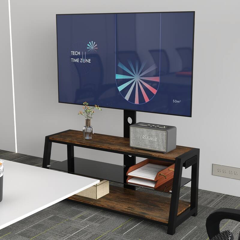 Modern TV Stand Height-Adjustable TV Stand with 3-Tier Shelving, 30° Rotating Base and Stand, for Living Rooms, Rustic Browm