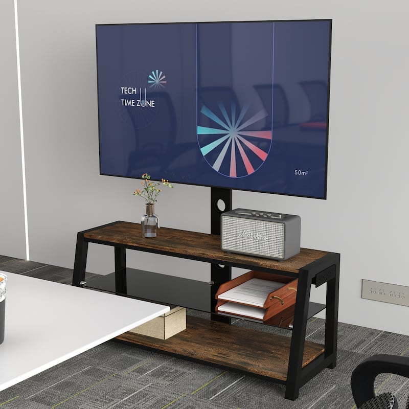 Swivel TV Stand with Glass Shelves, Entertainment Center Media Console with Adjustable Height & Charging Station